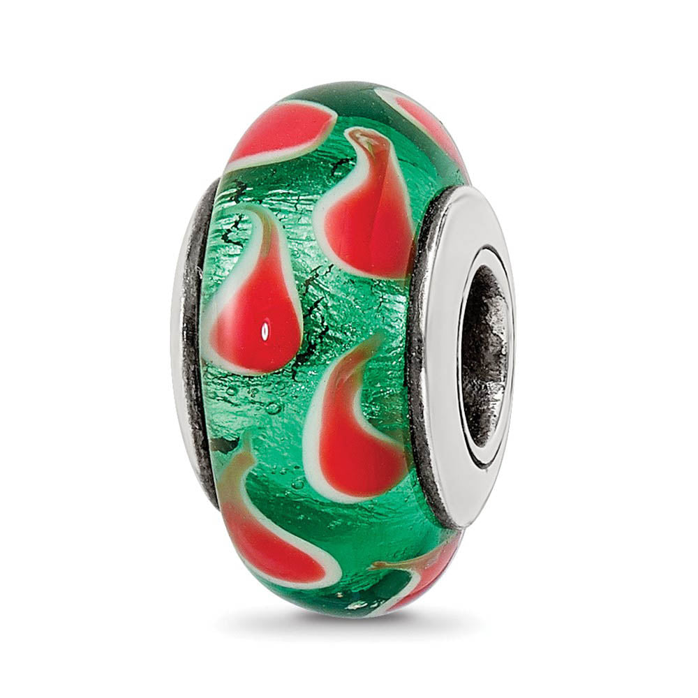Green and Red Glass Sterling Silver Bead Charm, Item B9155 by The Black Bow Jewelry Co.