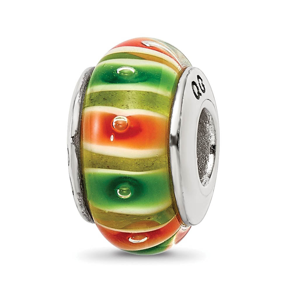 Green & Orange Striped Glass Sterling Silver Bead Charm, Item B9157 by The Black Bow Jewelry Co.