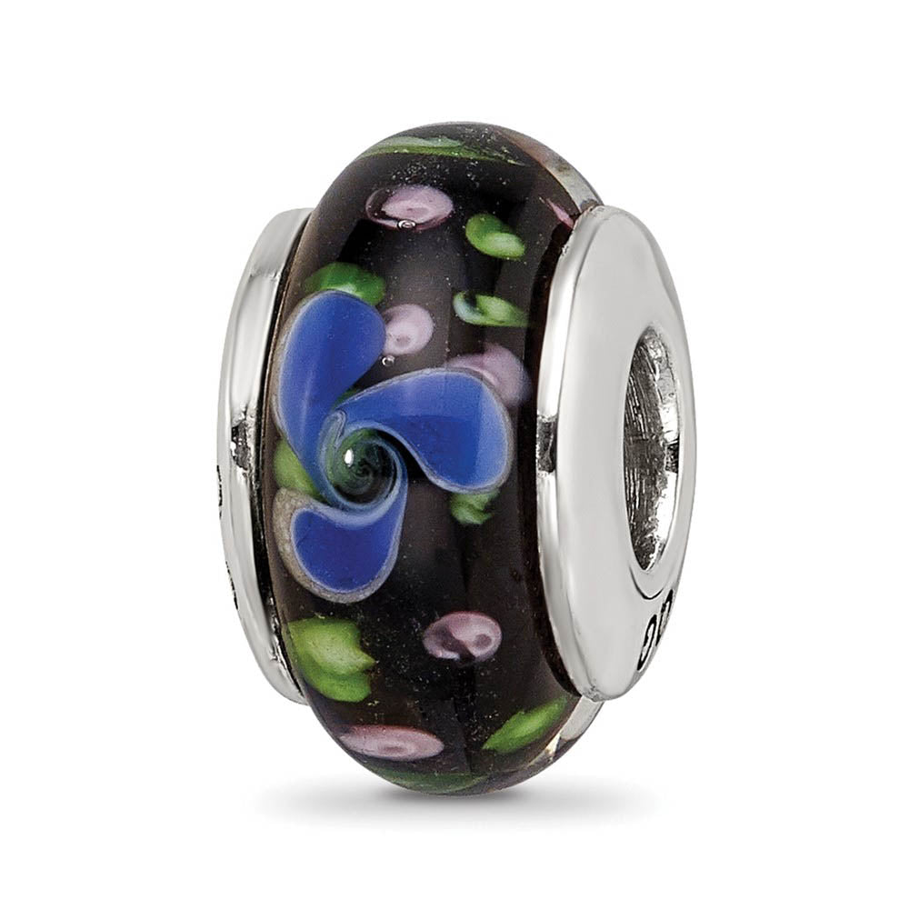 Blue and Black Glass Sterling Silver Bead Charm, Item B9169 by The Black Bow Jewelry Co.