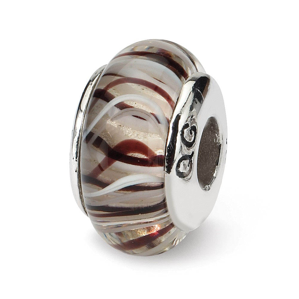 Brown & White Striped Glass Sterling Silver Bead Charm, Item B9185 by The Black Bow Jewelry Co.