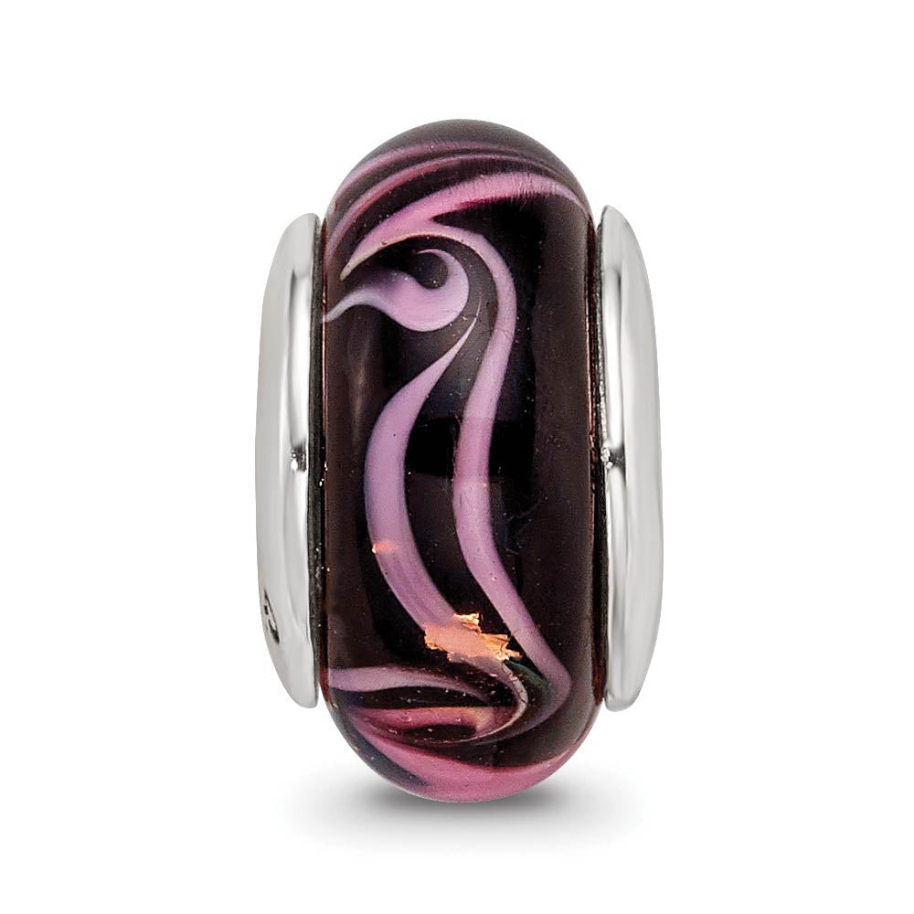 Alternate view of the Black & Pink Swirl Glass Sterling Silver Bead Charm by The Black Bow Jewelry Co.