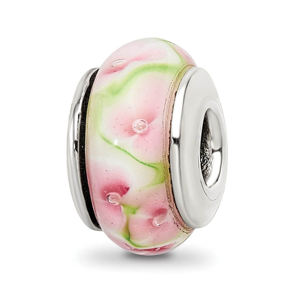 Pink & Green Floral Glass Sterling Silver Bead Charm, Item B9212 by The Black Bow Jewelry Co.