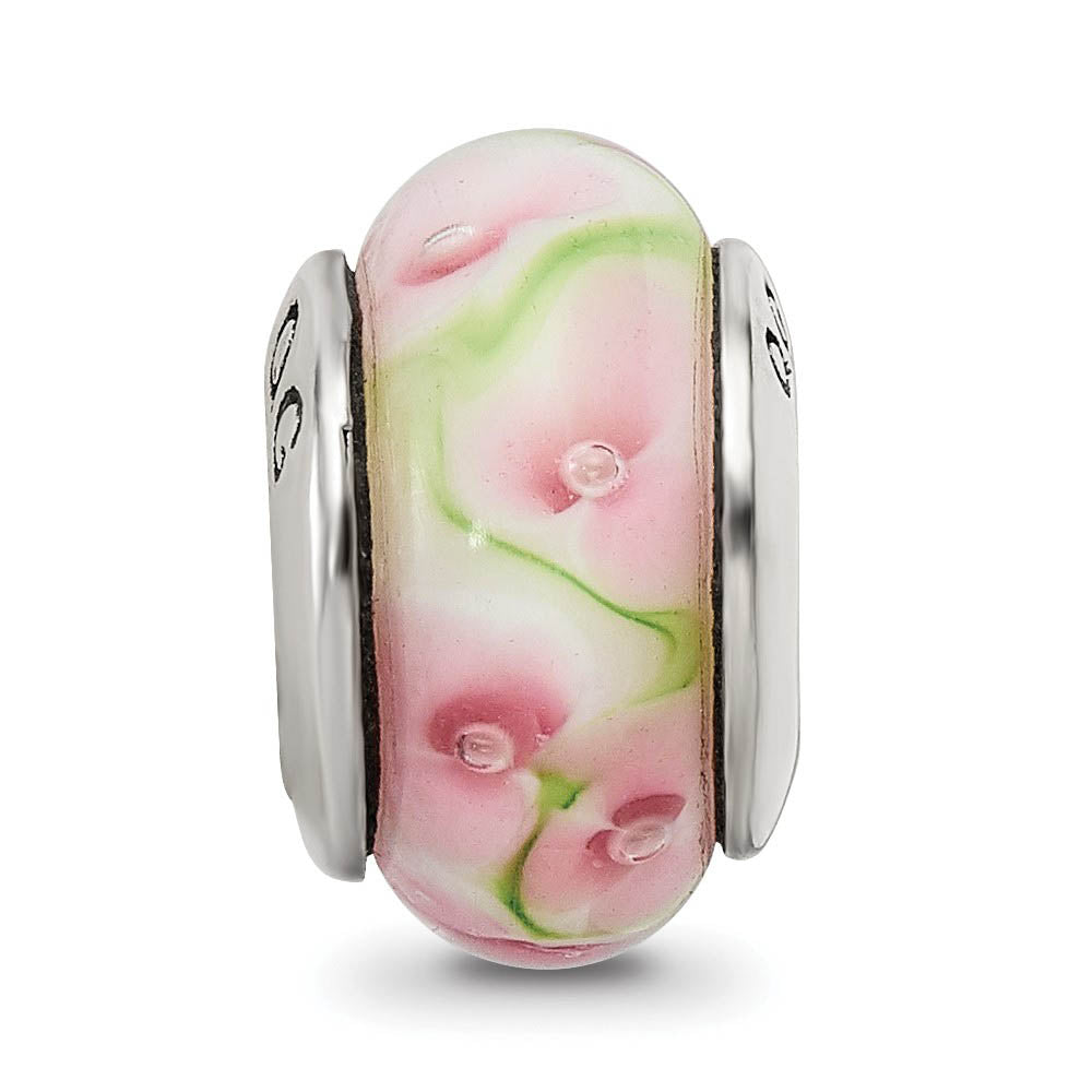 Alternate view of the Pink & Green Floral Glass Sterling Silver Bead Charm by The Black Bow Jewelry Co.