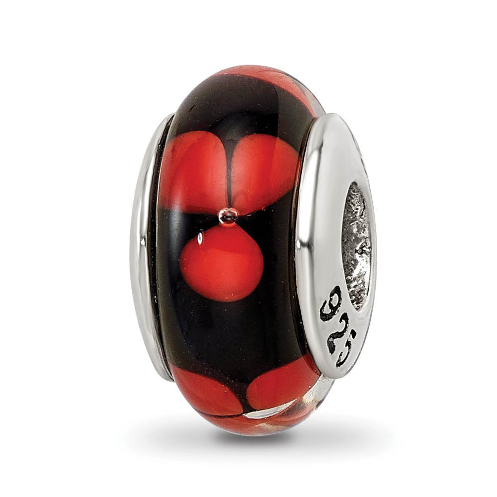 Black / Red Floral Glass Sterling Silver Bead Charm, Item B9222 by The Black Bow Jewelry Co.