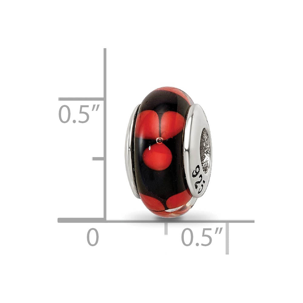 Alternate view of the Black / Red Floral Glass Sterling Silver Bead Charm by The Black Bow Jewelry Co.
