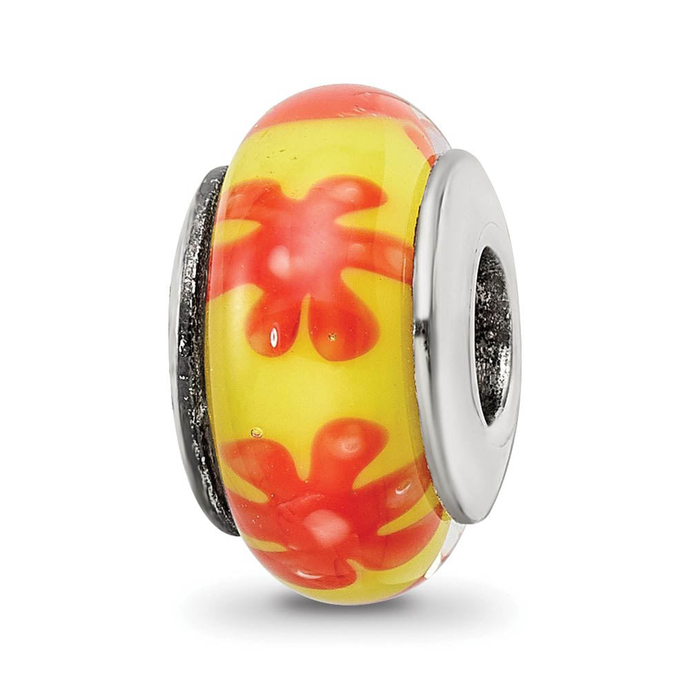 Yellow & Orange Floral Glass Sterling Silver Bead Charm, Item B9229 by The Black Bow Jewelry Co.