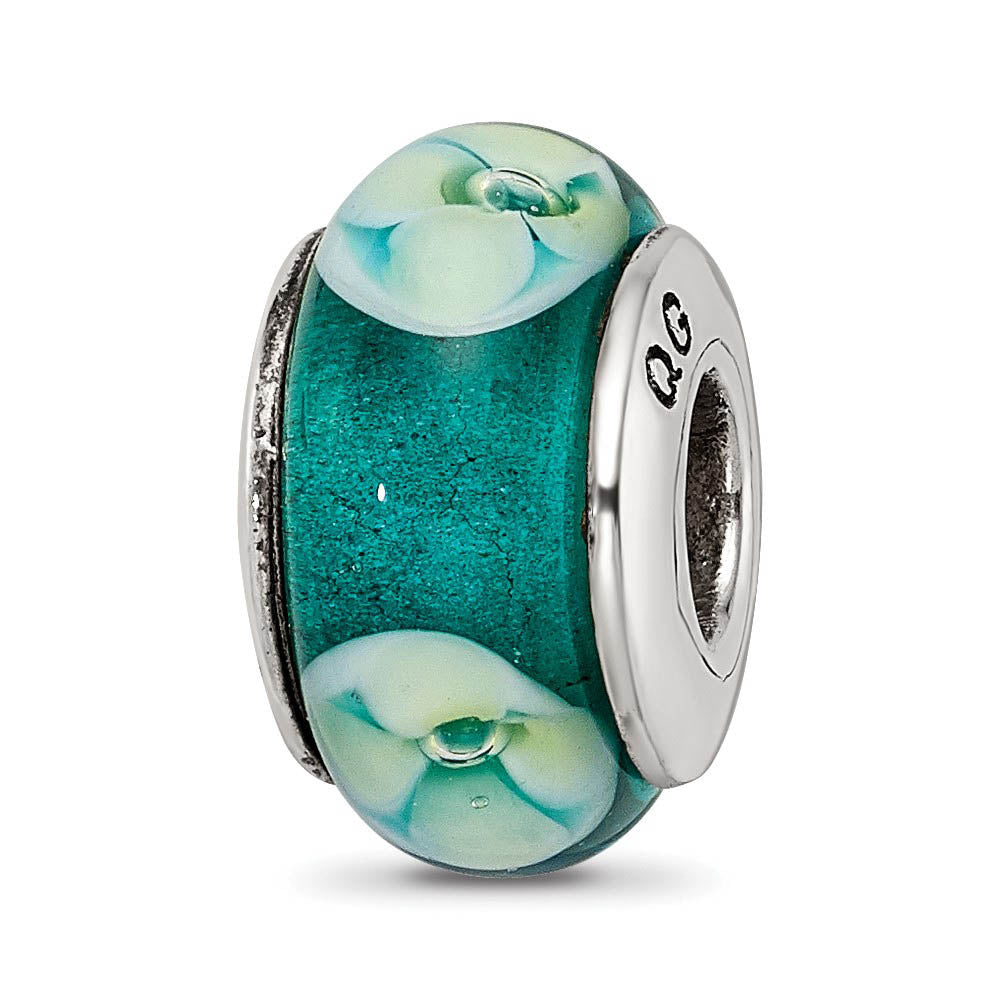 Bluish Green Floral Glass Sterling Silver Bead Charm, Item B9238 by The Black Bow Jewelry Co.