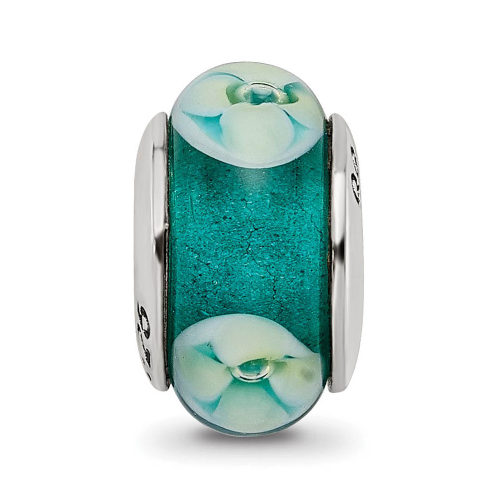 Alternate view of the Bluish Green Floral Glass Sterling Silver Bead Charm by The Black Bow Jewelry Co.