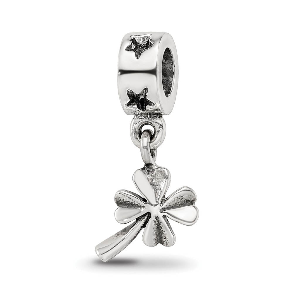 Sterling Silver Four Leaf Clover Dangle Bead Charm, Item B9376 by The Black Bow Jewelry Co.