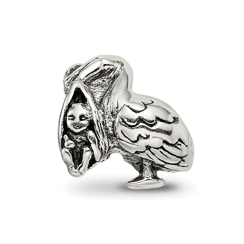 Alternate view of the Sterling Silver Delivery Stork Bead Charm by The Black Bow Jewelry Co.