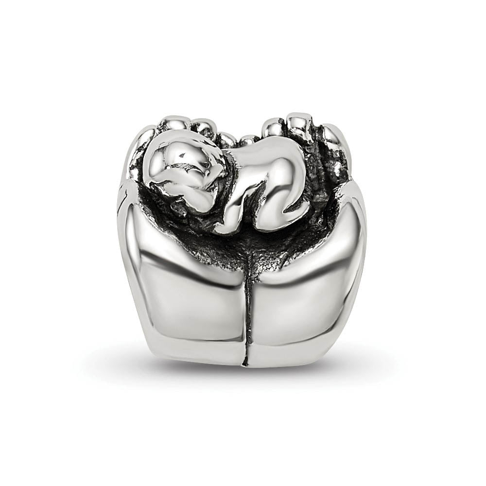 Alternate view of the Sterling Silver Baby in Hands Bead Charm by The Black Bow Jewelry Co.
