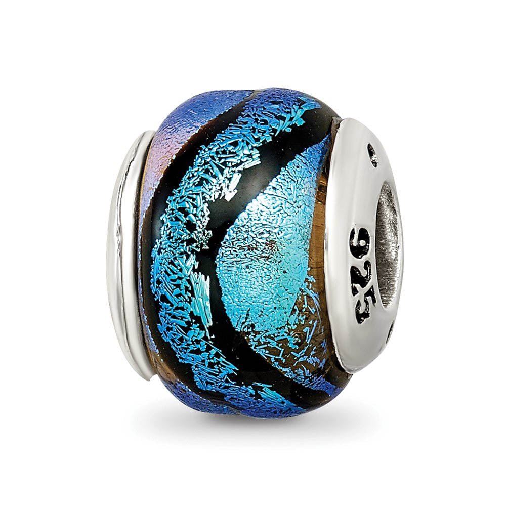 Blue Colored Dichroic Glass Sterling Silver Bead Charm, Item B9503 by The Black Bow Jewelry Co.