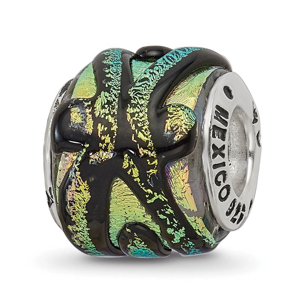 Alternate view of the Dichroic Glass and Sterling Silver Yellow Striped Bead Charm, 14mm by The Black Bow Jewelry Co.