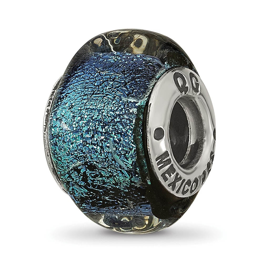 Square Blue Dichroic Glass Sterling Silver Bead Charm, Item B9530 by The Black Bow Jewelry Co.