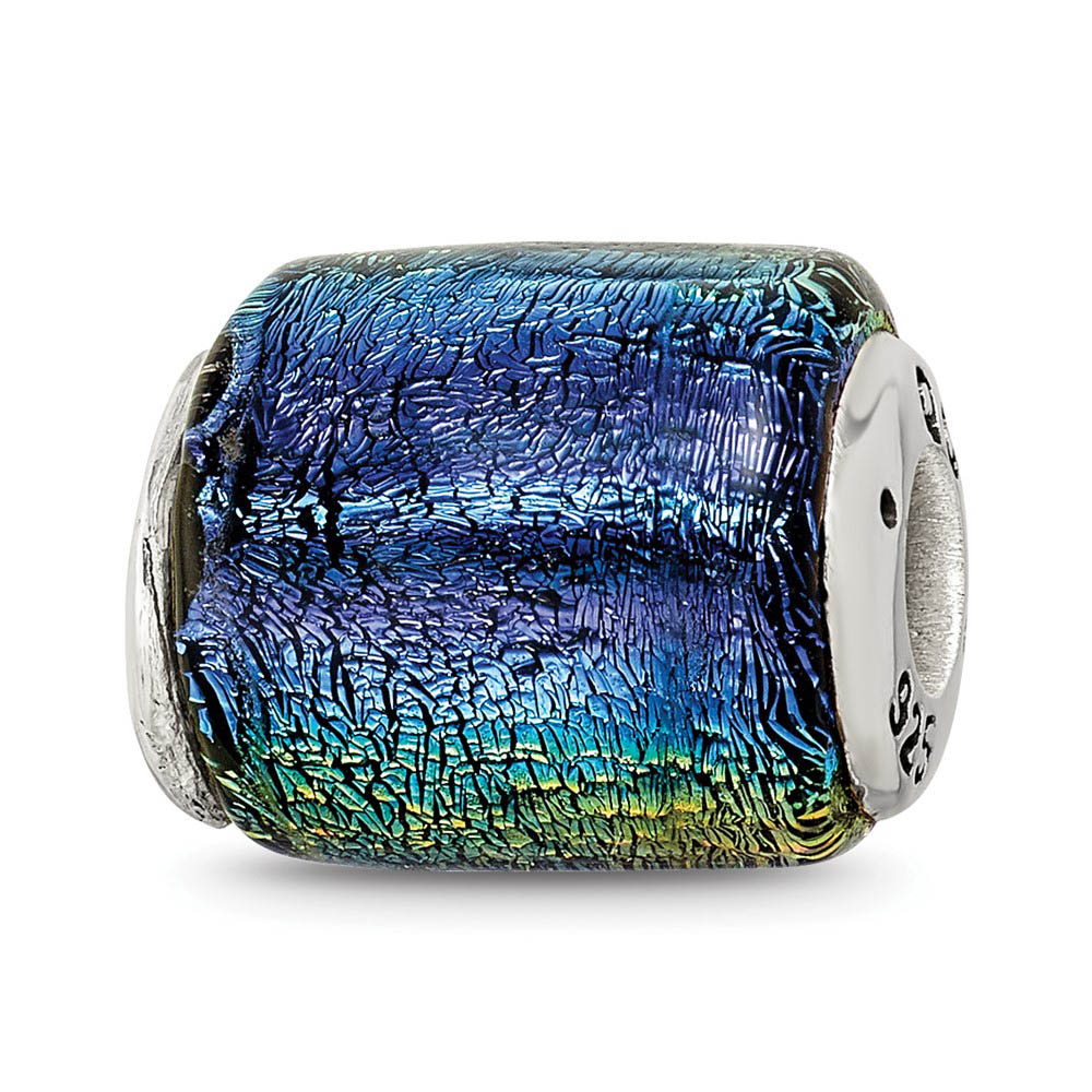 Rainbow Dichroic Glass Barrel Sterling Silver Bead Charm, Item B9537 by The Black Bow Jewelry Co.