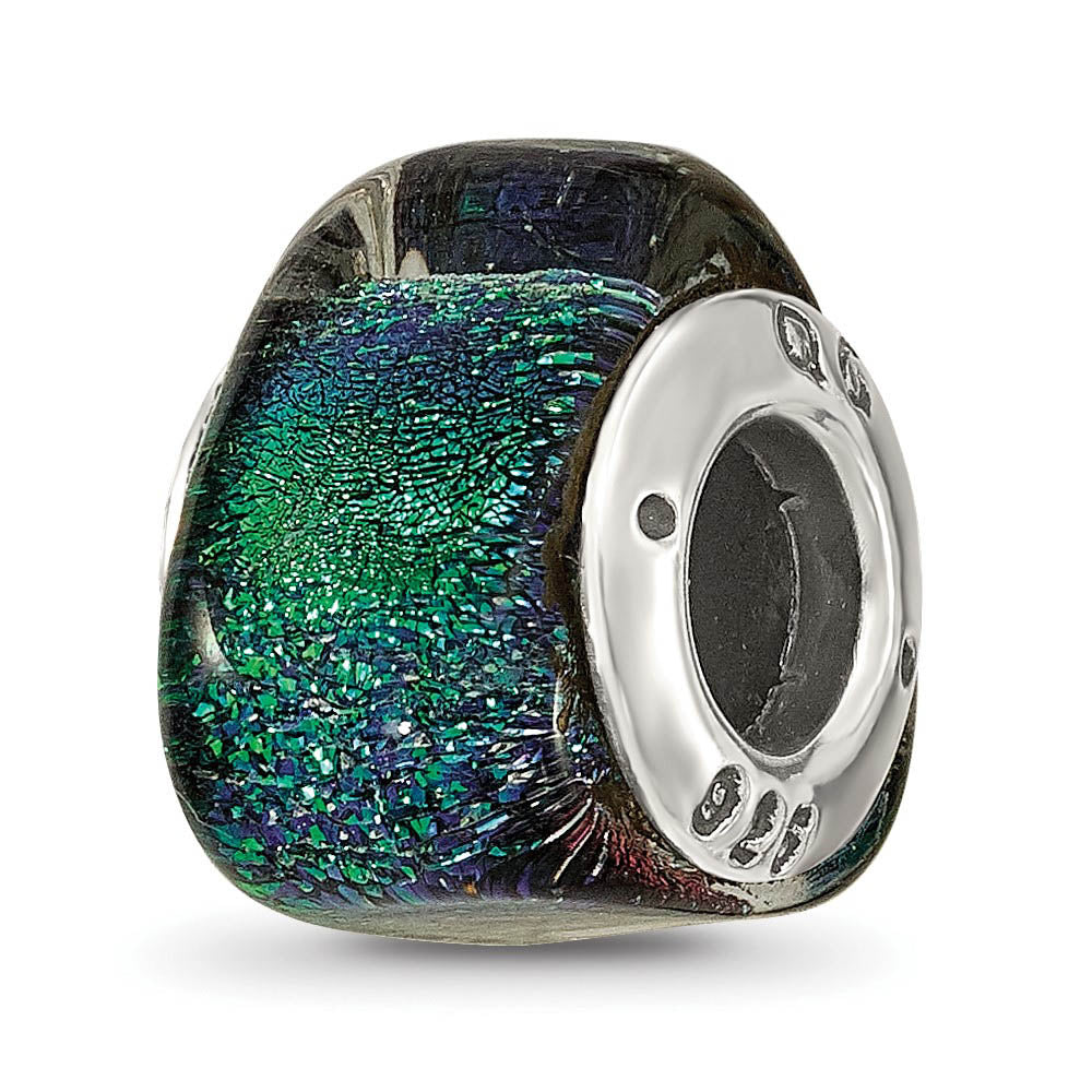 Blue Green Dichroic Glass Triangle Sterling Silver Bead Charm, Item B9540 by The Black Bow Jewelry Co.