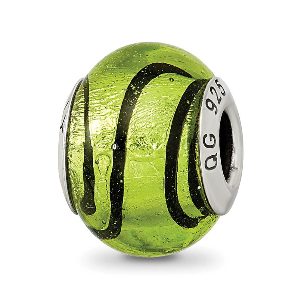 Sterling Silver, Green and Black Striped Murano Glass Bead Charm, Item B9548 by The Black Bow Jewelry Co.