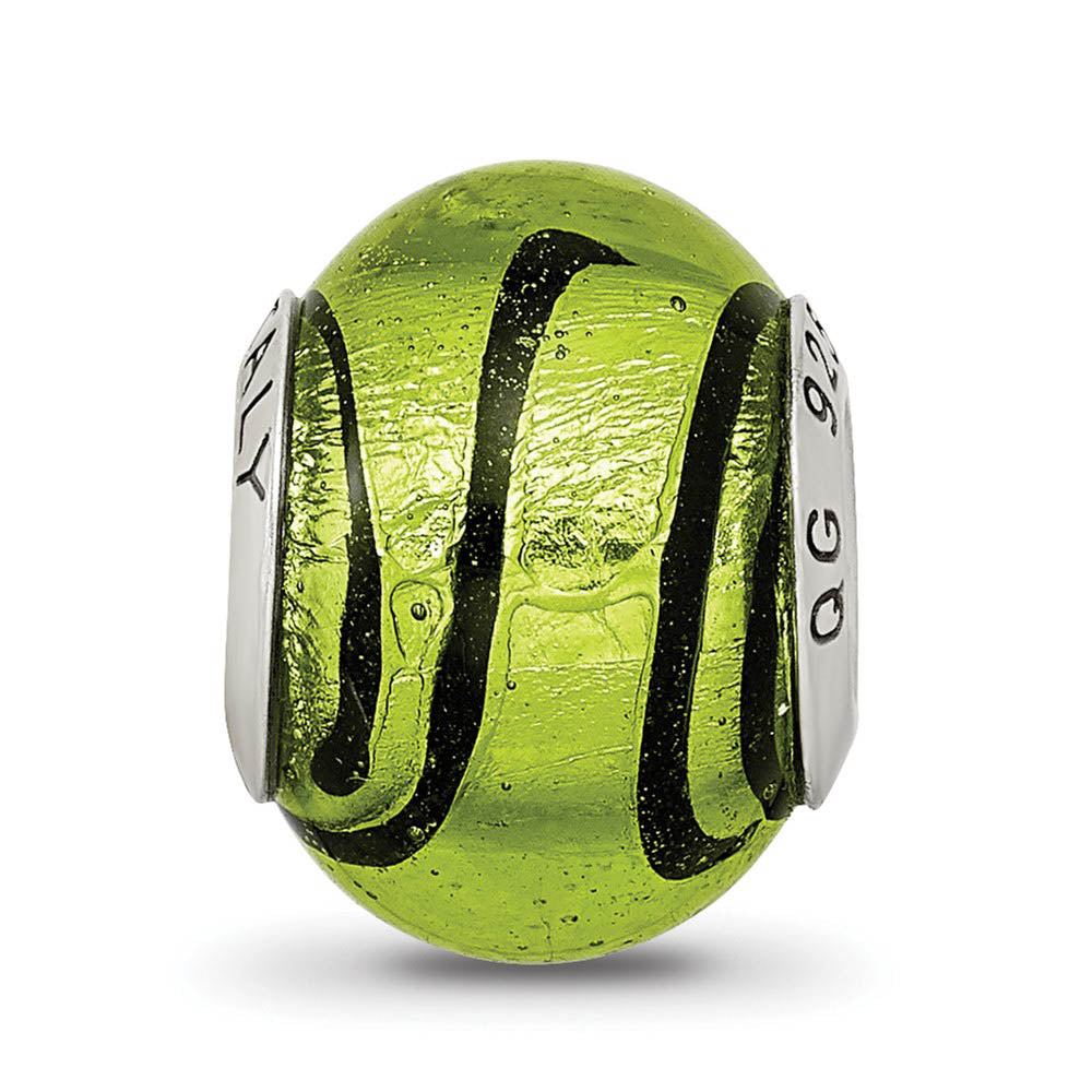 Alternate view of the Sterling Silver, Green and Black Striped Murano Glass Bead Charm by The Black Bow Jewelry Co.
