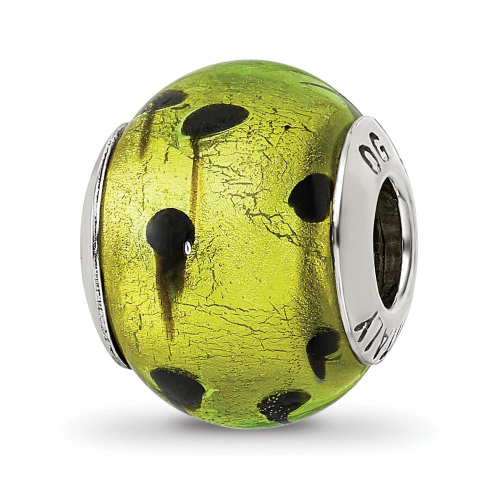 Sterling Silver, Green and Black Spotted Murano Glass Bead Charm, Item B9585 by The Black Bow Jewelry Co.