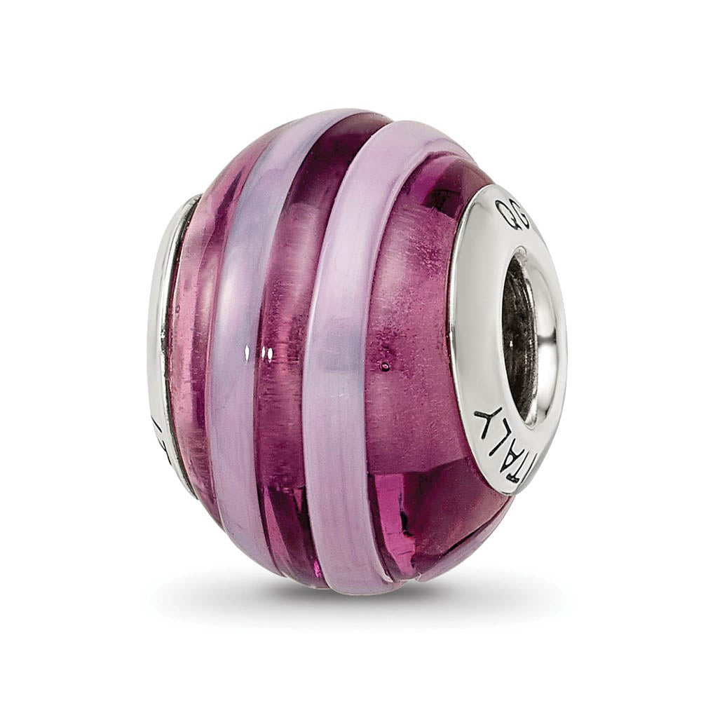 Sterling Silver, Pink and Purple Striped Murano Glass Bead Charm, Item B9603 by The Black Bow Jewelry Co.