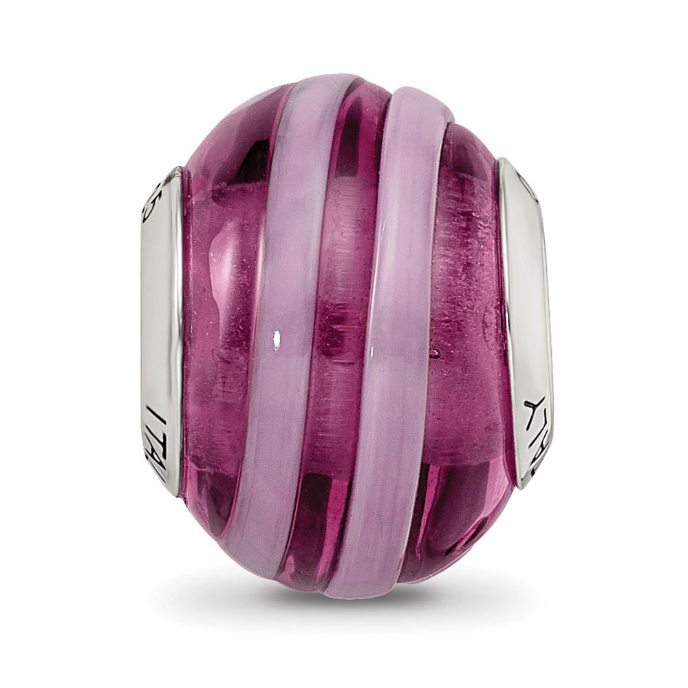 Alternate view of the Sterling Silver, Pink and Purple Striped Murano Glass Bead Charm by The Black Bow Jewelry Co.