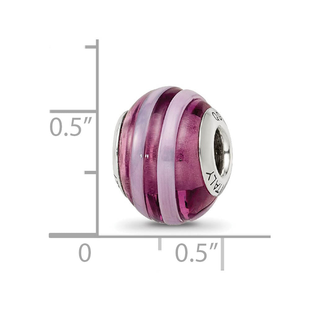 Alternate view of the Sterling Silver, Pink and Purple Striped Murano Glass Bead Charm by The Black Bow Jewelry Co.