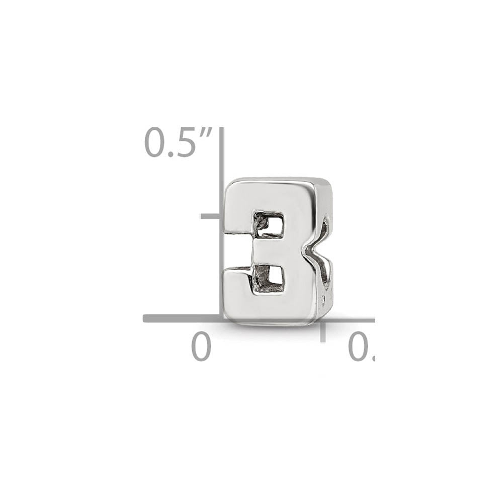 Alternate view of the Sterling Silver Block Style, Number 3 Bead Charm by The Black Bow Jewelry Co.