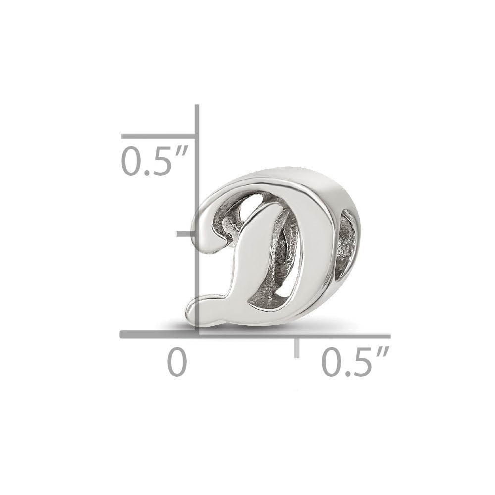 Alternate view of the Sterling Silver Script Style, Letter D Bead Charm by The Black Bow Jewelry Co.