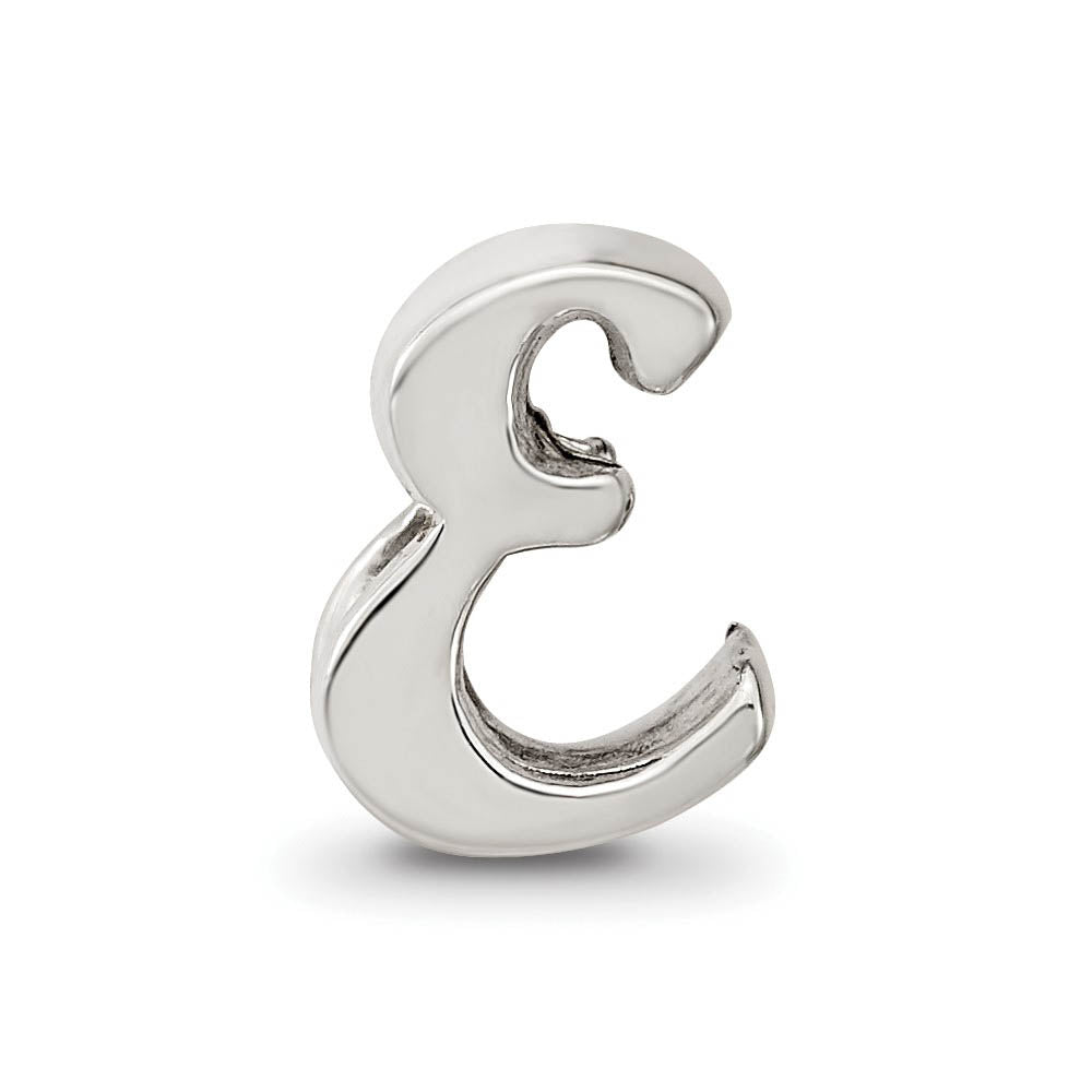 Alternate view of the Sterling Silver Script Style, Letter E Bead Charm by The Black Bow Jewelry Co.