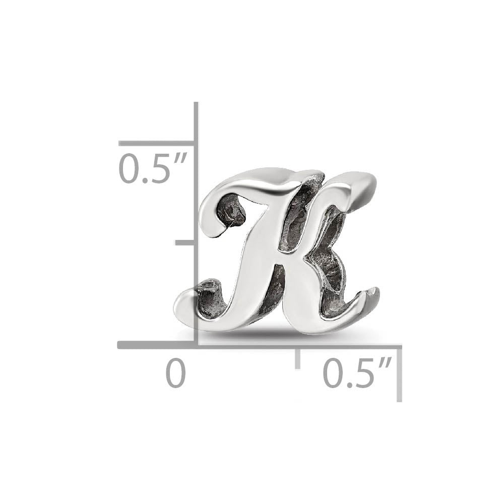 Alternate view of the Sterling Silver Script Style, Letter K Bead Charm by The Black Bow Jewelry Co.