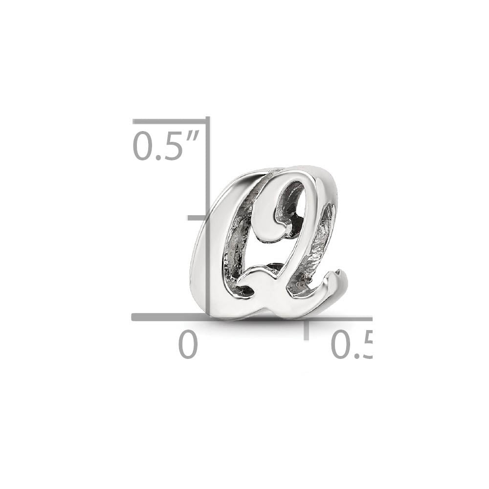 Alternate view of the Sterling Silver Script Style, Letter Q Bead Charm by The Black Bow Jewelry Co.