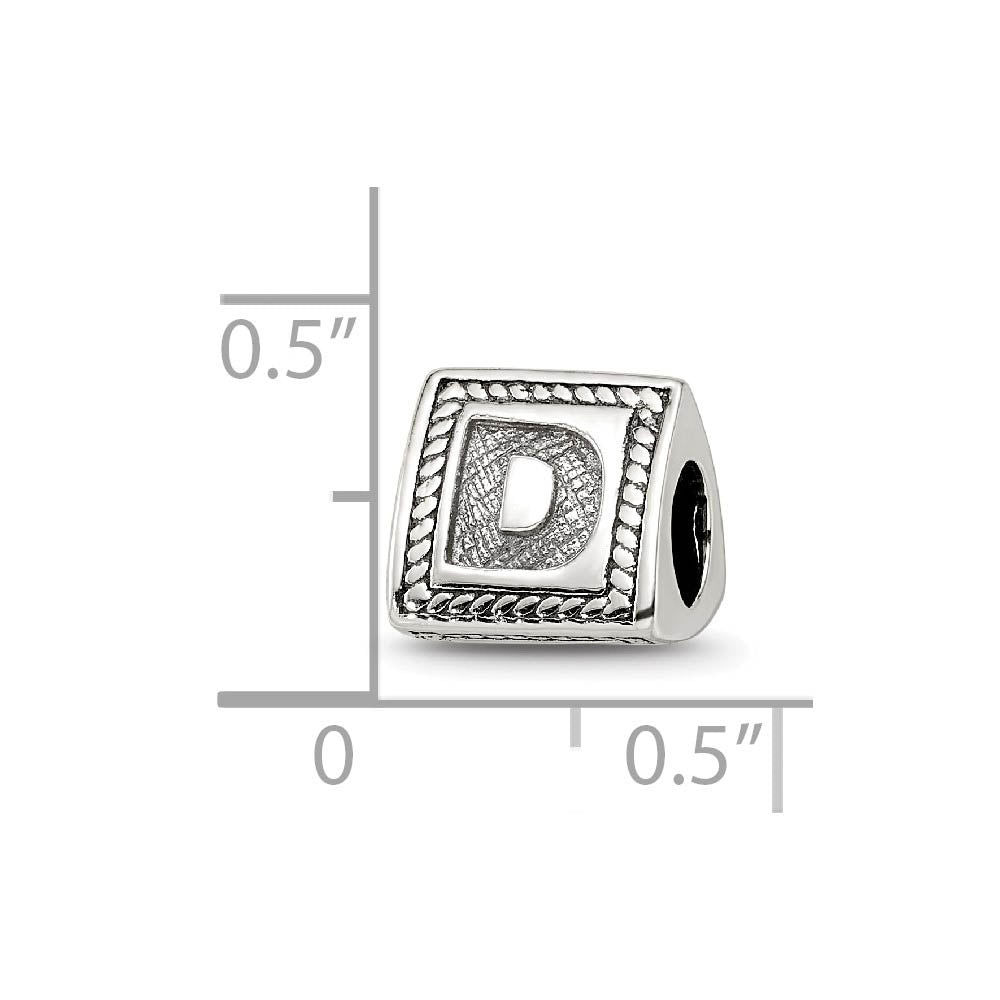 Alternate view of the Triangle Block, Letter D Sterling Silver Bead Charm by The Black Bow Jewelry Co.