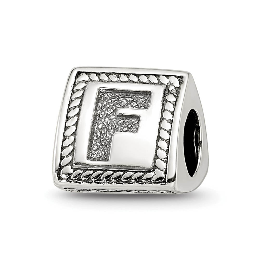 Triangle Block, Letter F Sterling Silver Bead Charm, Item B9716 by The Black Bow Jewelry Co.