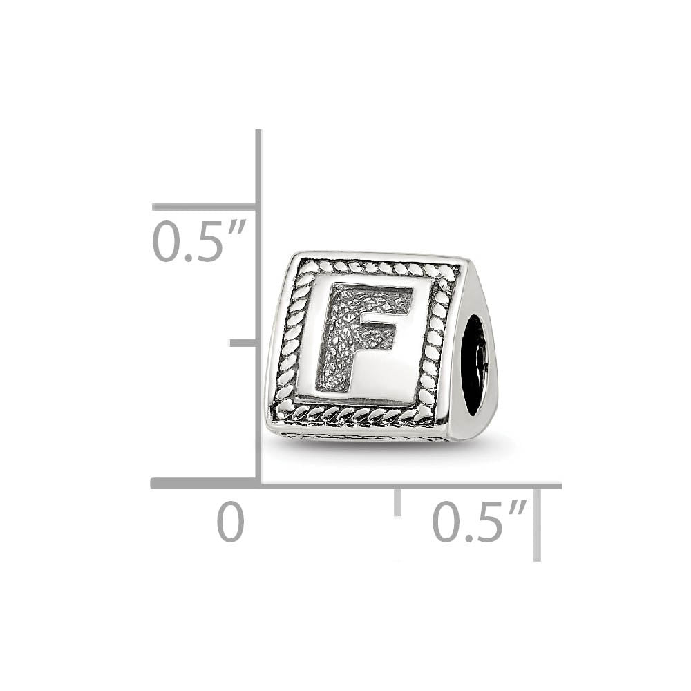 Alternate view of the Triangle Block, Letter F Sterling Silver Bead Charm by The Black Bow Jewelry Co.