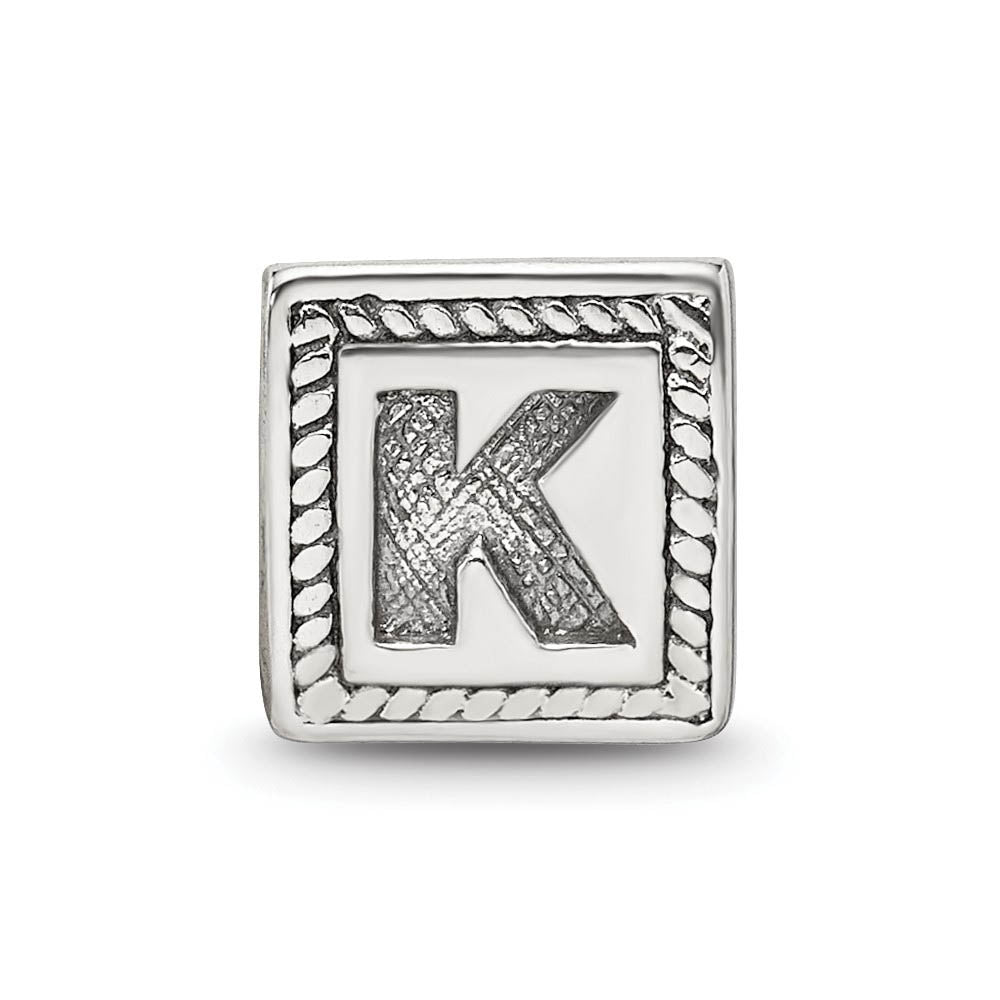 Alternate view of the Triangle Block, Letter K Sterling Silver Bead Charm by The Black Bow Jewelry Co.