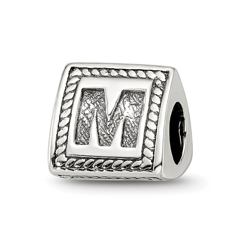 Triangle Block, Letter M Sterling Silver Bead Charm, Item B9723 by The Black Bow Jewelry Co.