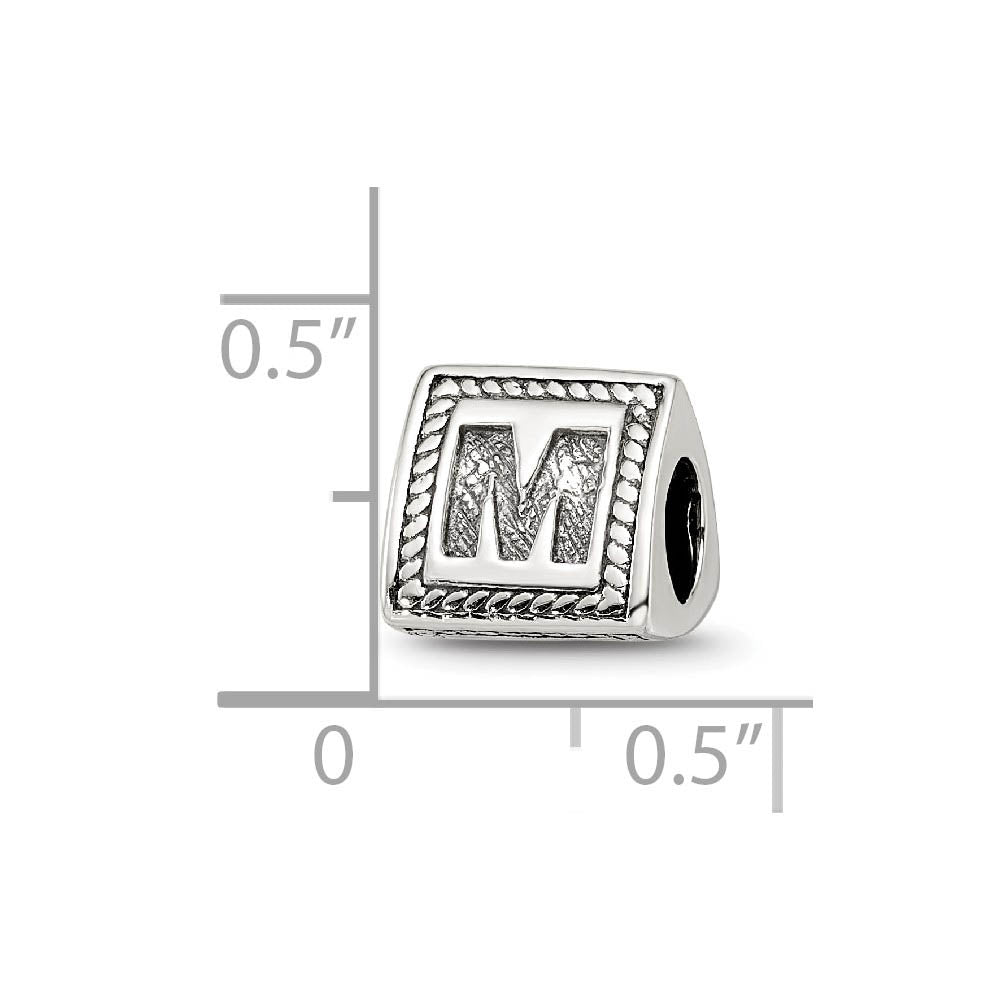 Alternate view of the Triangle Block, Letter M Sterling Silver Bead Charm by The Black Bow Jewelry Co.