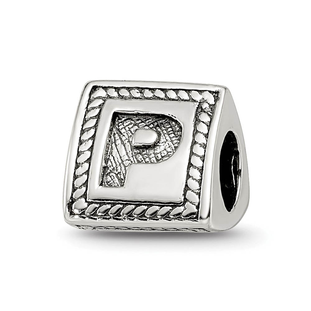 Triangle Block, Letter P Sterling Silver Bead Charm, Item B9726 by The Black Bow Jewelry Co.