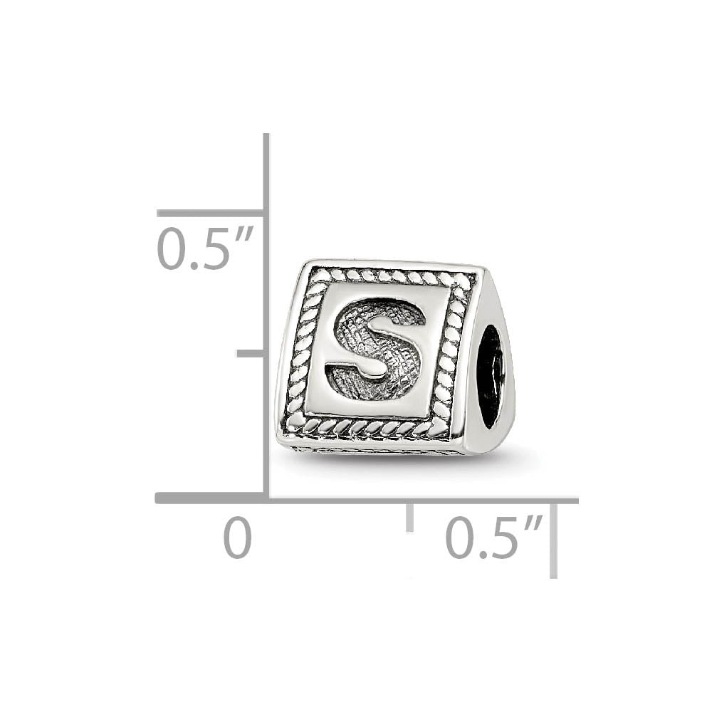 Alternate view of the Triangle Block, Letter S Sterling Silver Bead Charm by The Black Bow Jewelry Co.