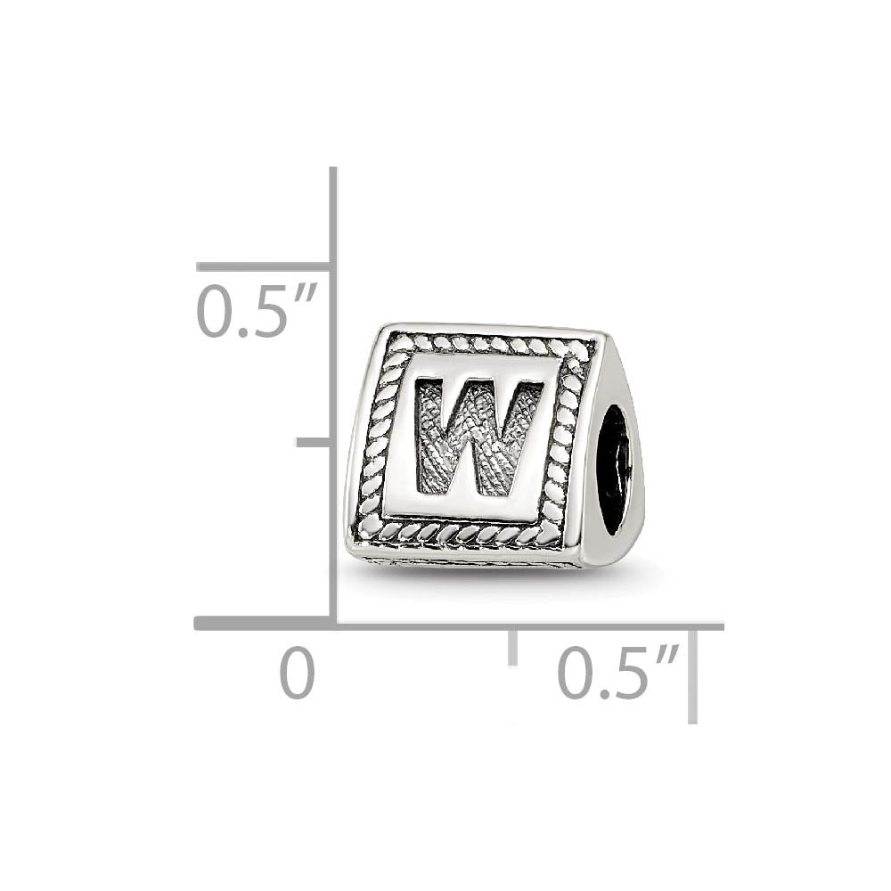 Alternate view of the Triangle Block, Letter W Sterling Silver Bead Charm by The Black Bow Jewelry Co.
