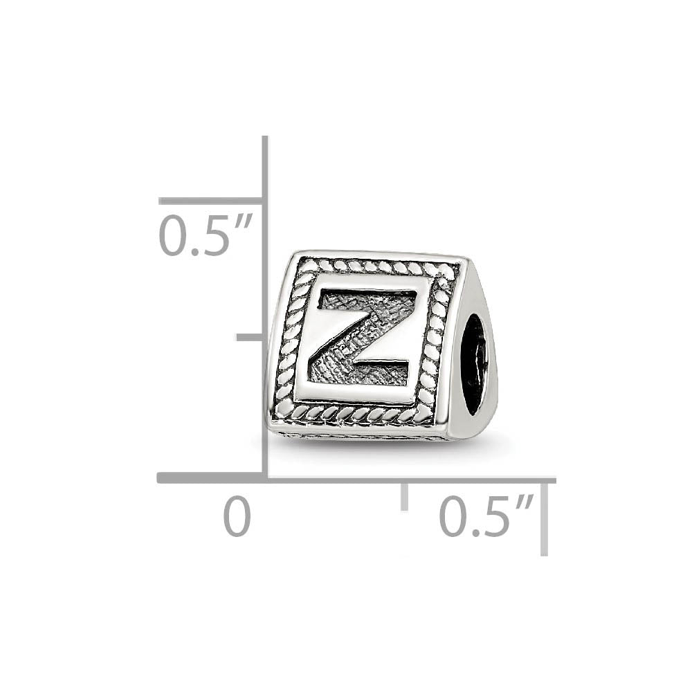 Alternate view of the Triangle Block, Letter Z Sterling Silver Bead Charm by The Black Bow Jewelry Co.
