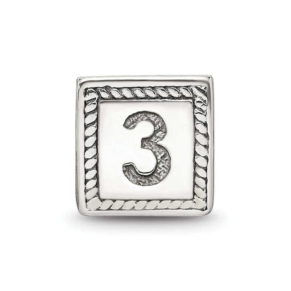 Alternate view of the Triangle Block, Number 3 Sterling Silver Bead Charm by The Black Bow Jewelry Co.