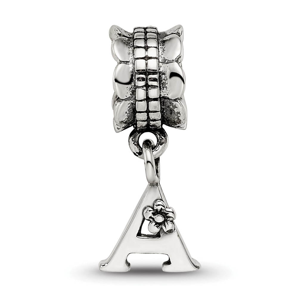 Alternate view of the Sterling Silver Letter A, Dangle Bead Charm by The Black Bow Jewelry Co.