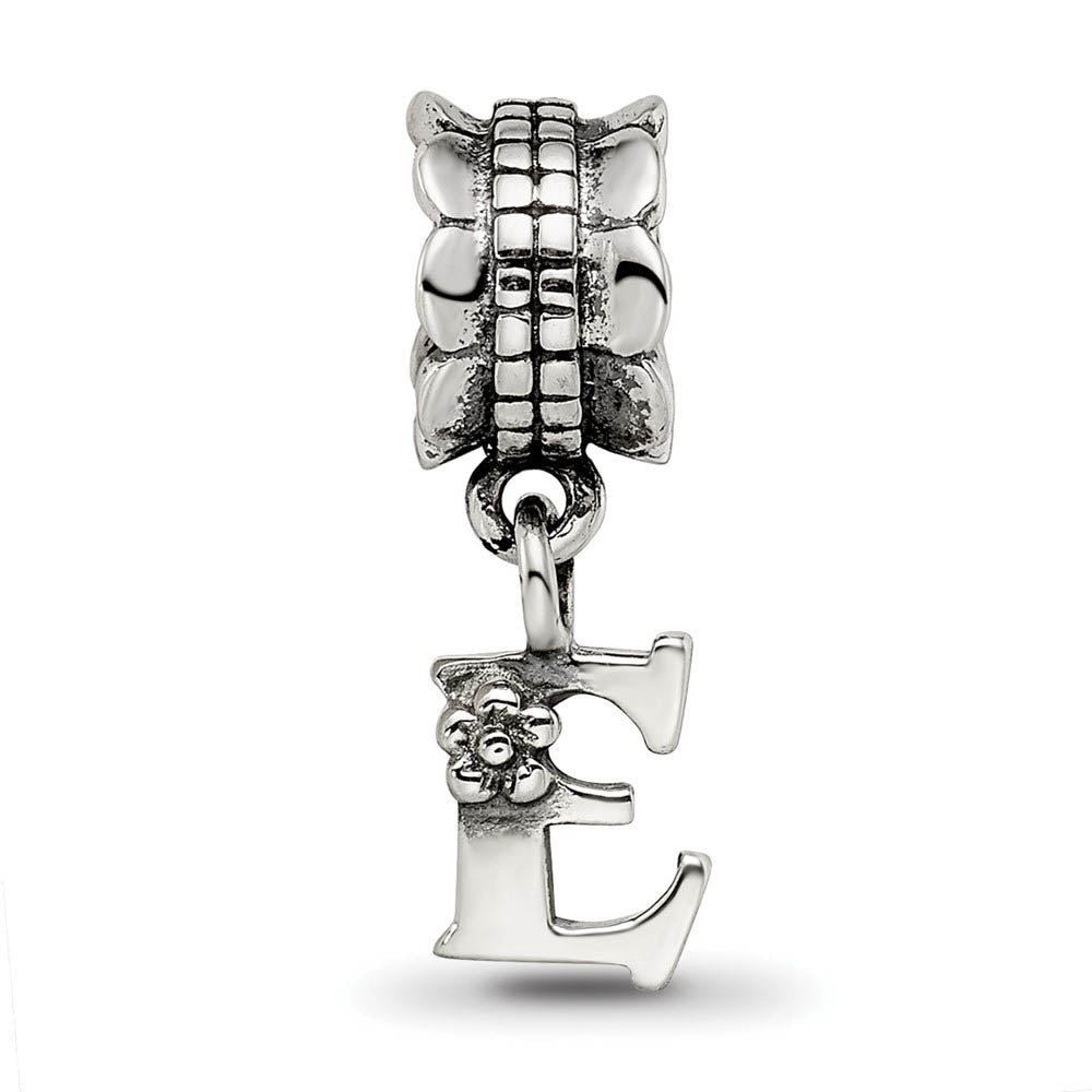 Alternate view of the Sterling Silver Letter E, Dangle Bead Charm by The Black Bow Jewelry Co.