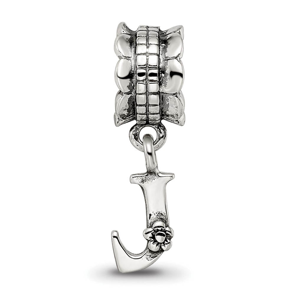 Alternate view of the Sterling Silver Letter J, Dangle Bead Charm by The Black Bow Jewelry Co.