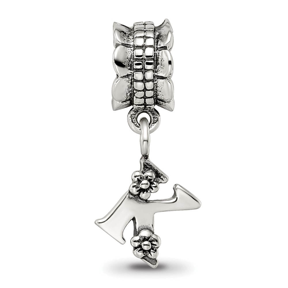 Alternate view of the Sterling Silver Letter K, Dangle Bead Charm by The Black Bow Jewelry Co.