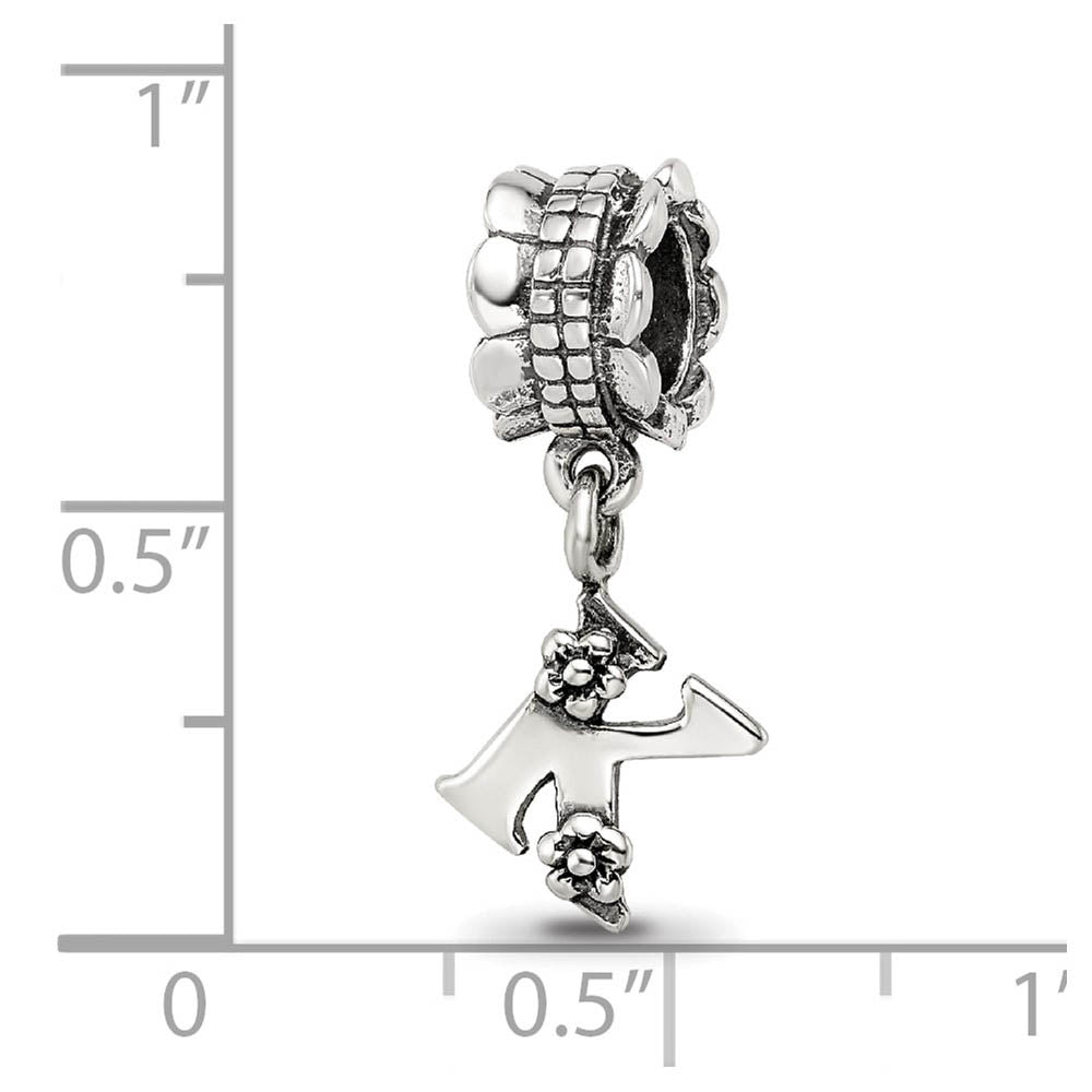 Alternate view of the Sterling Silver Letter K, Dangle Bead Charm by The Black Bow Jewelry Co.