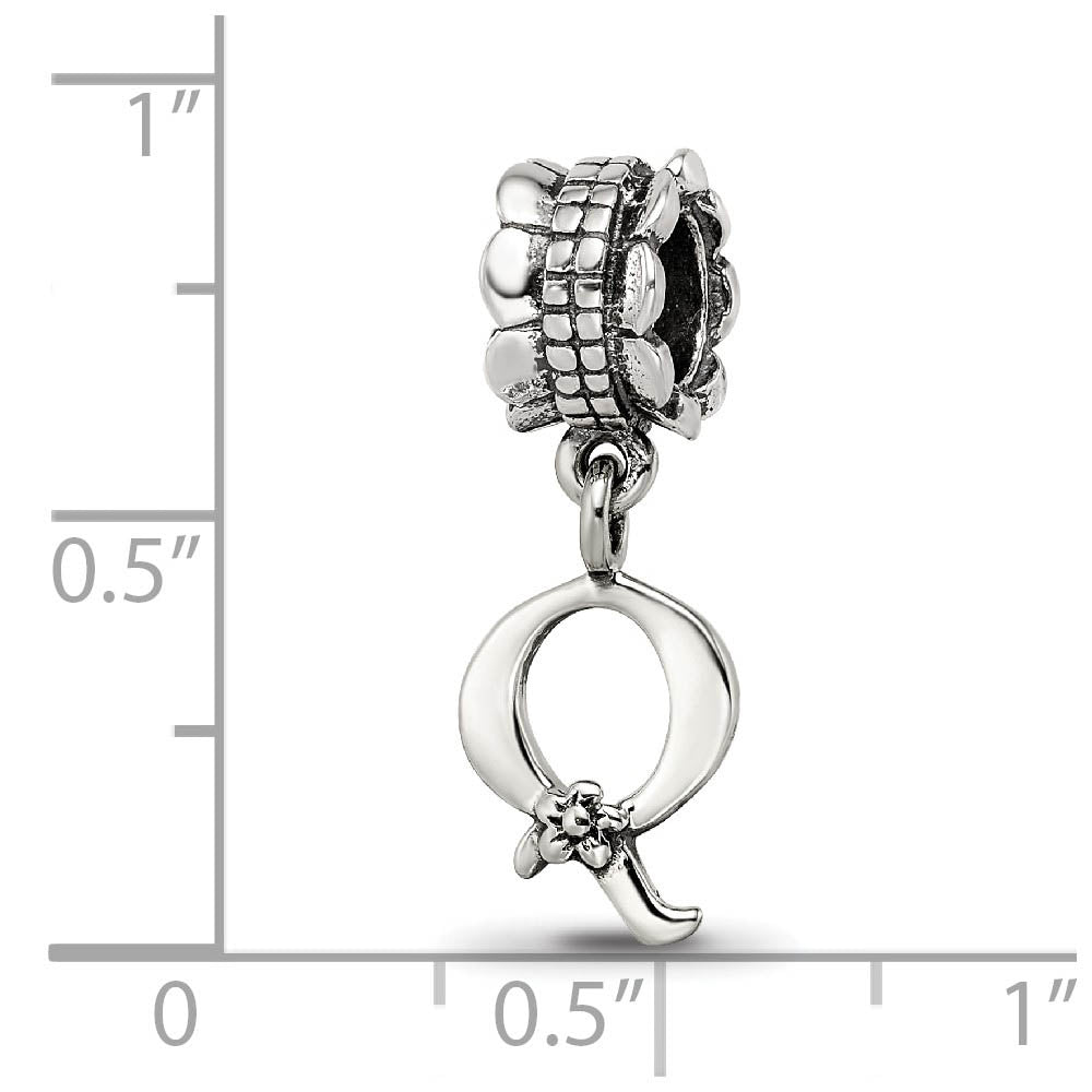 Alternate view of the Sterling Silver Letter Q, Dangle Bead Charm by The Black Bow Jewelry Co.