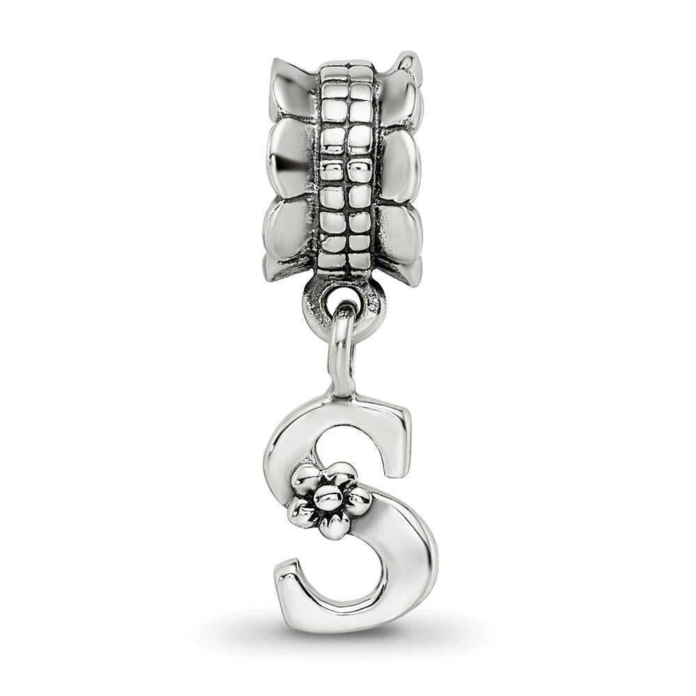 Alternate view of the Sterling Silver Letter S, Dangle Bead Charm by The Black Bow Jewelry Co.