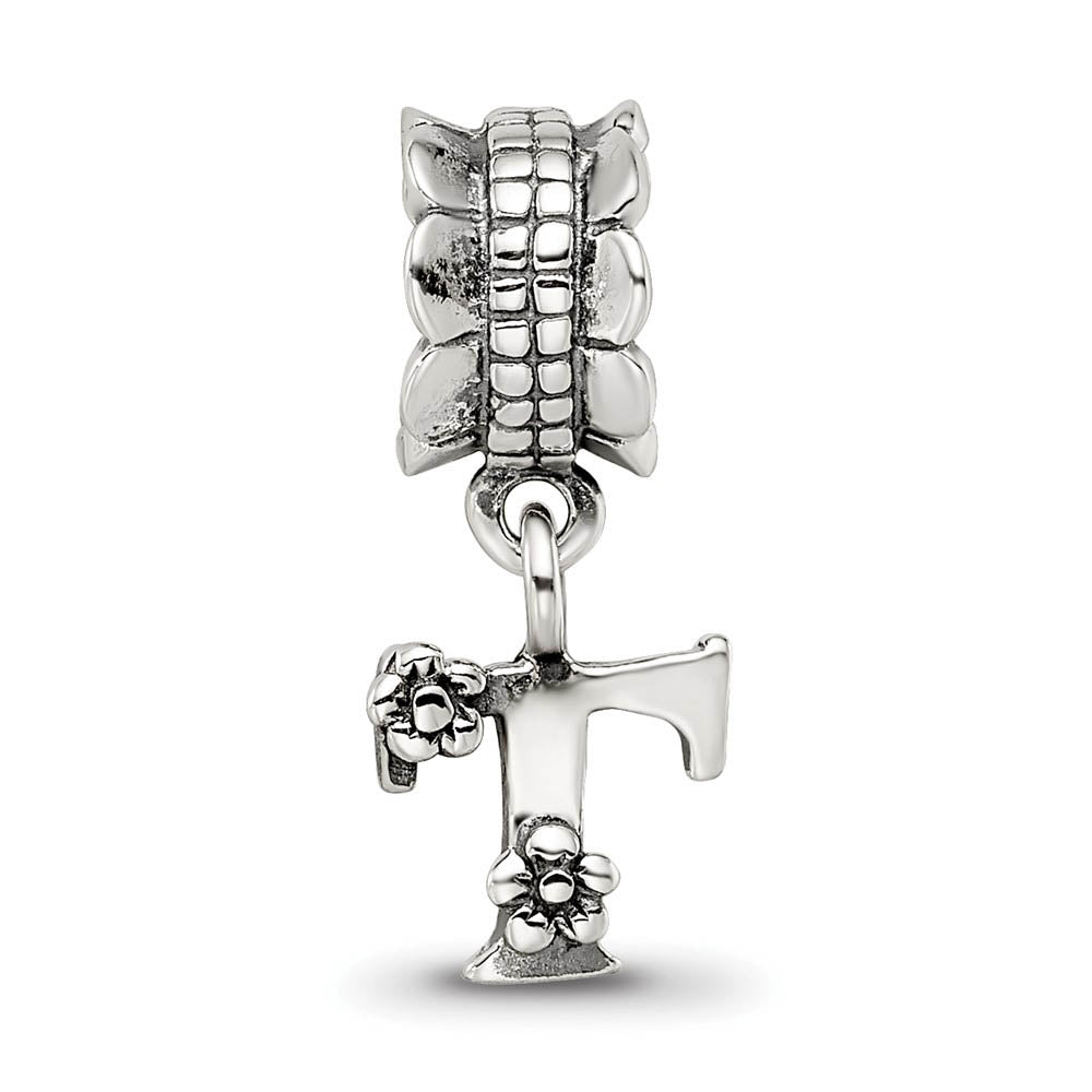 Alternate view of the Sterling Silver Letter T, Dangle Bead Charm by The Black Bow Jewelry Co.